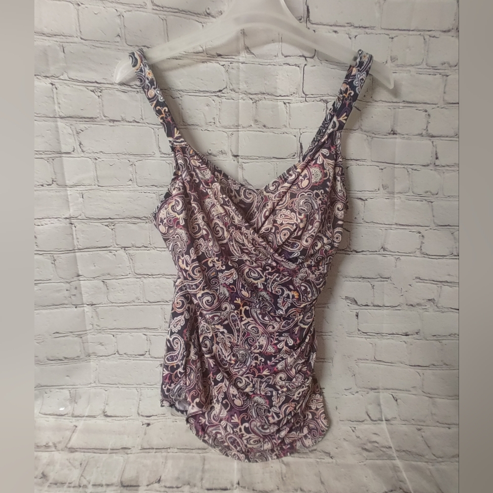 Lands End Swim One Piece Paisley Shelf Bra Blue Pink Swimsuit 16